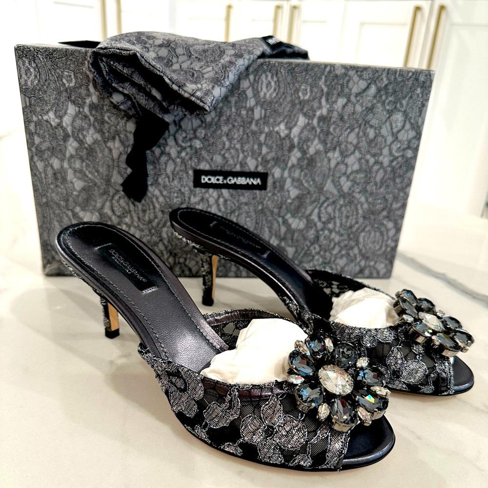 Dolce & Gabbana Lace and Crystal Slide Sandals